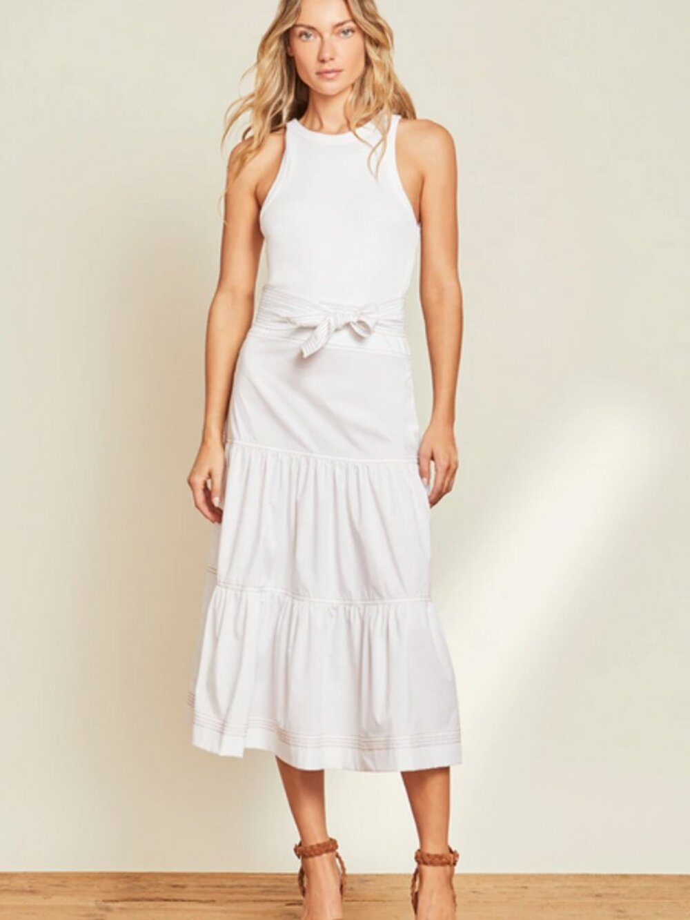NWT VERONICA BEARD Tiered Maxi Dress with Belt - M - White, Pima Cotton